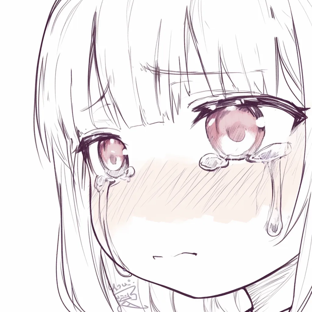 涙の女の子前髪｜【基本構造】正面気味で両目を大きく描く描き方を採用し、前髪で額を隠しながら涙を垂らしています。<br>【演出の方向性】額を隠す仕草が内気さを強め、涙が純粋な悲しみを際立たせています。<br>