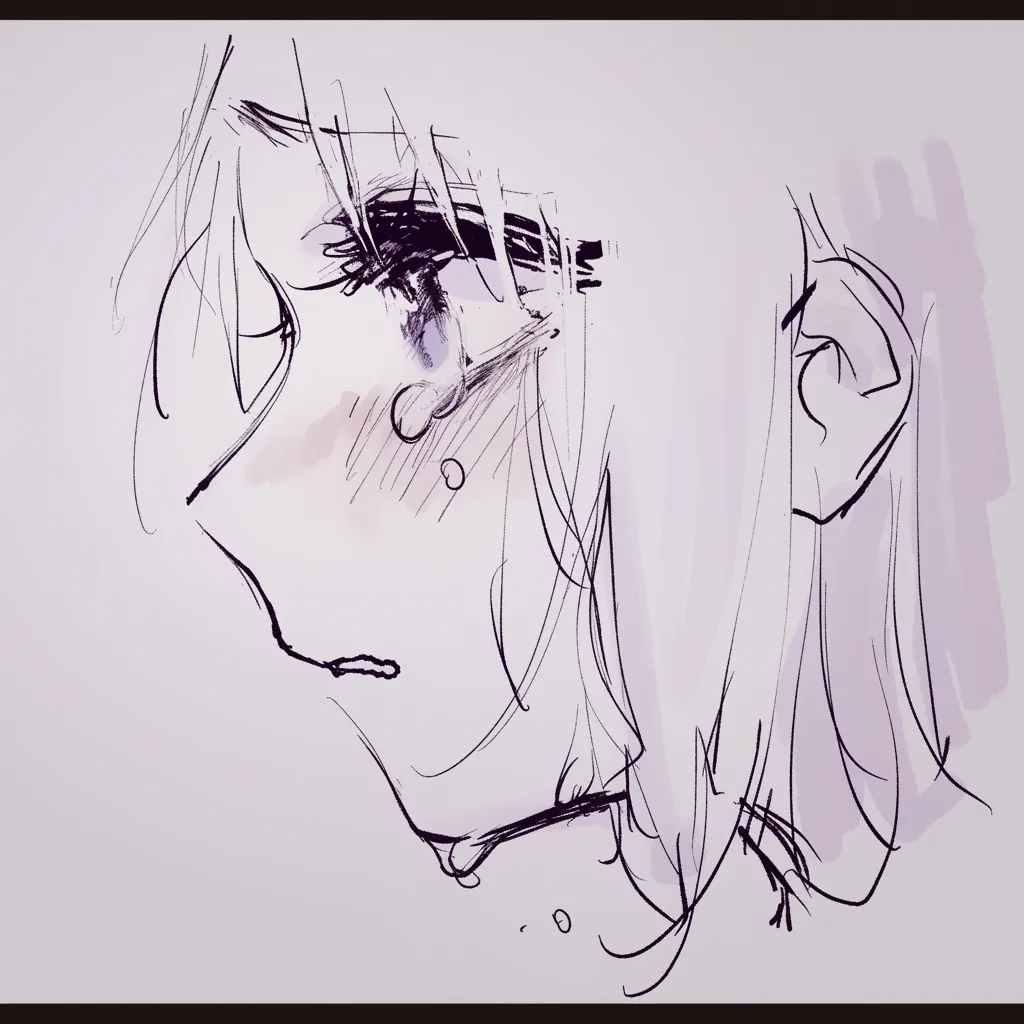 涙の横向きスケッチ｜【基本構造】ラフな線で横顔を捉え、瞳と涙を大きく描き込む描き方です。髪や輪郭は崩して、涙の流れに視線を集中させています。<br>【演出の方向性】ラフさが逆に感情の生々しさを強調し、即興的でリアルな悲しみを表現しています。<br>