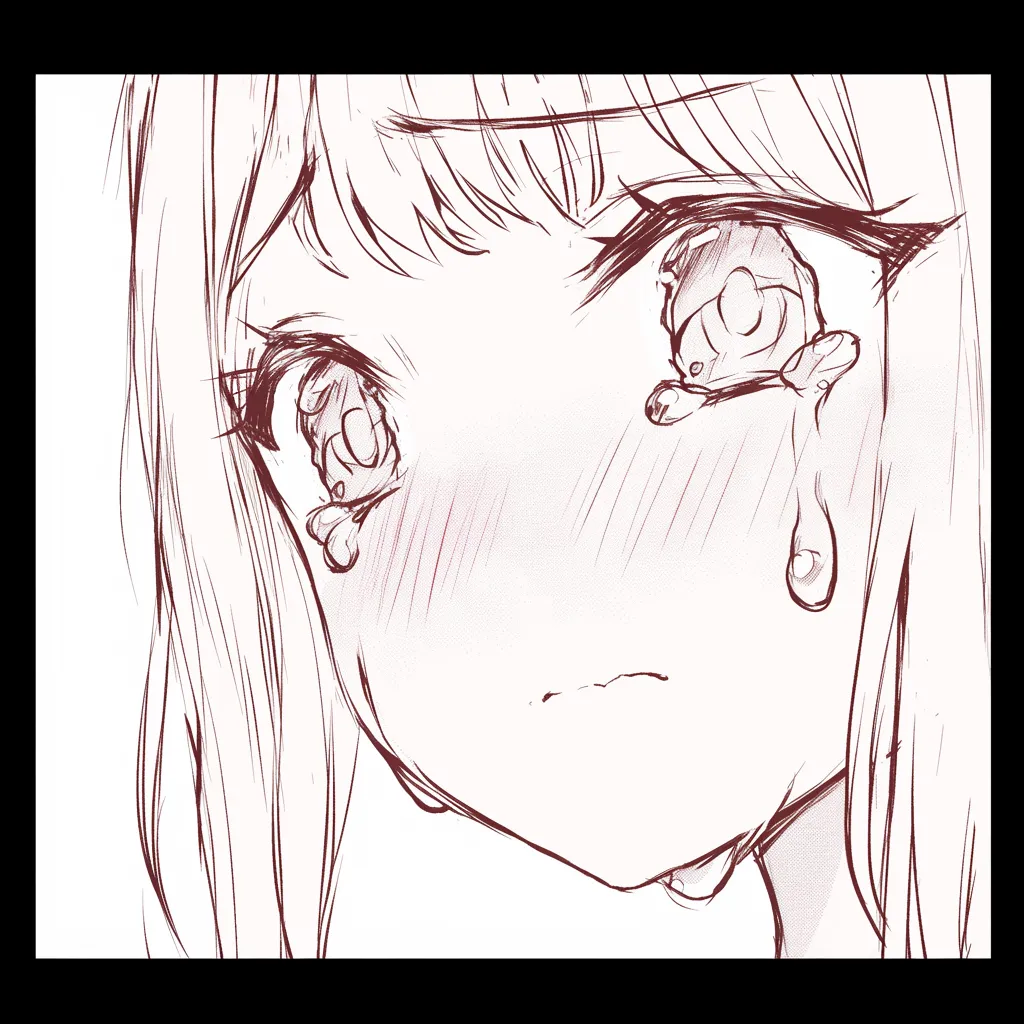 涙の少女アップ｜【基本構造】瞳を大きくクローズアップし、涙を誇張した描き方で、頬を赤く強調しています。髪の隙間から覗く瞳に焦点を当てています。<br>【演出の方向性】涙そのものを主役に据え、感情の爆発をダイレクトに伝えます。視覚的なインパクトが強く、観る側に胸を打つ表現です。<br>