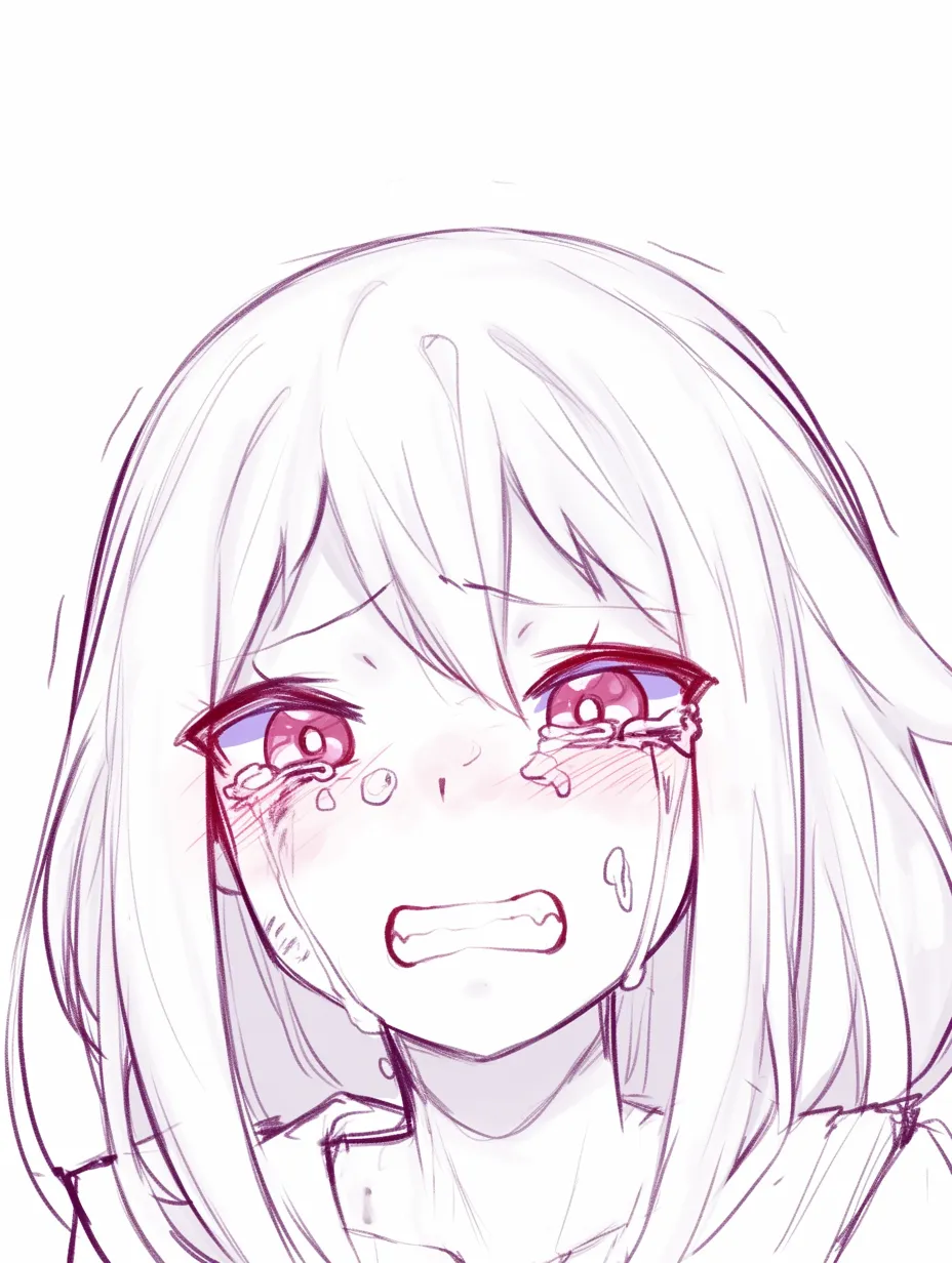 絶望顔の少女崩れ｜【基本構造】正面の構図で歯を食いしばる描き方を用い、眉を強く下げています。髪の流れは乱れ気味に処理。<br>【演出の方向性】涙が頬を覆うほどに強調され、叫びの寸前の絶望感を演出。圧倒される状況への抵抗が表情からにじみ出ています。<br>