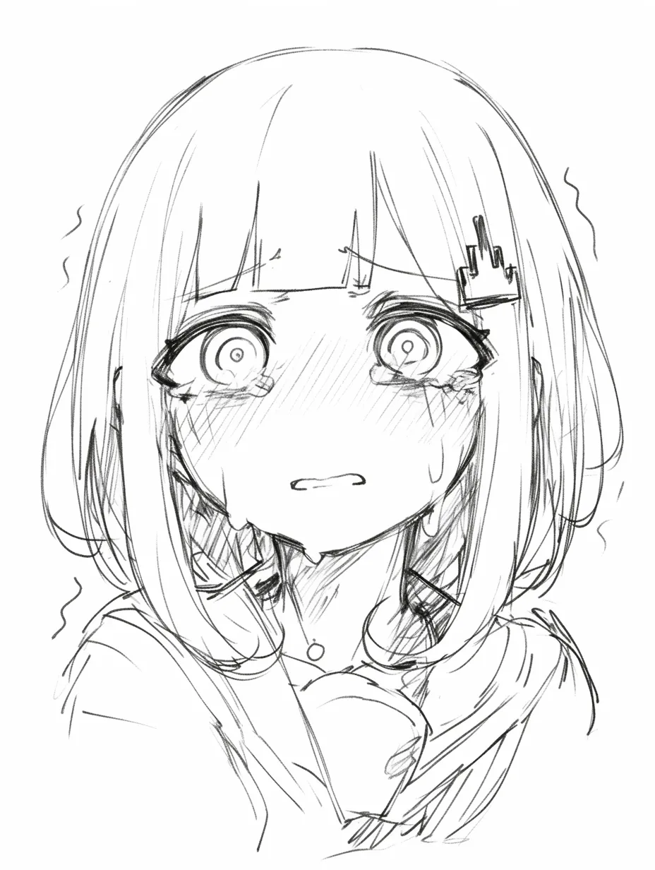 絶望顔の少女震え｜【基本構造】正面構図で両目を大きく見開き、肩をすぼめる描き方を採用。細かい線で震えを表現。<br>【演出の方向性】汗と涙の混在により恐怖と混乱を強調し、絶望と同時に身体的反応が強調された生々しい緊迫感が表現されています。<br>