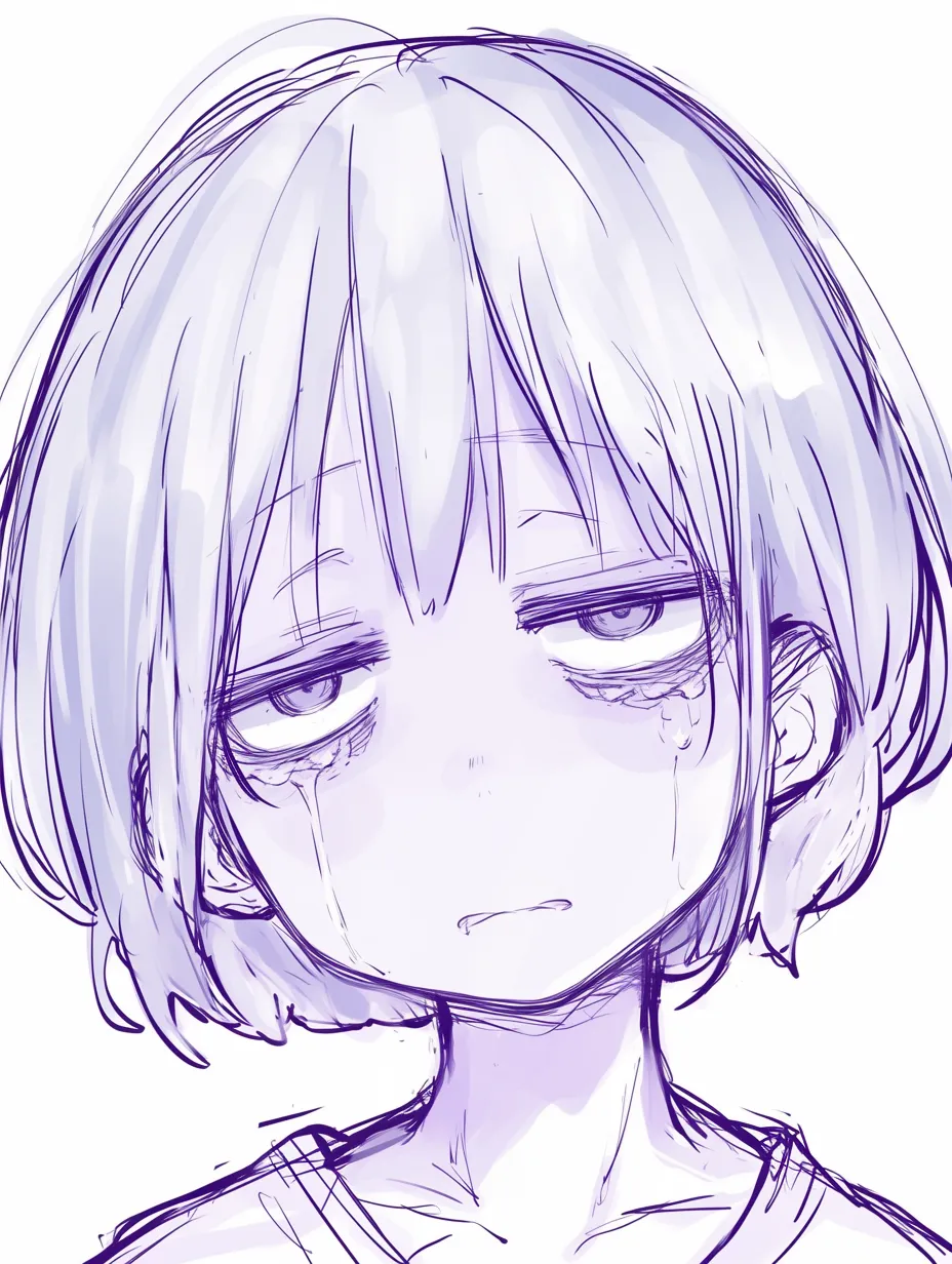 絶望顔の少女無気力｜【基本構造】半眼で口角を下げる描き方をし、体は前傾気味に構図を取っています。髪も乱れを残して処理。<br>【演出の方向性】涙は流れているが瞳に光を失わせることで、力尽きた無力感を強調。静かな絶望を淡々と描き出しています。<br>