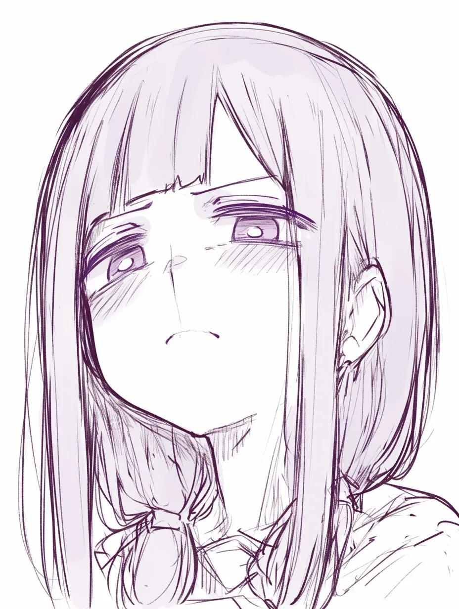 怒った顔のうつむき｜【基本構造】俯き加減の視線に眉を寄せ、口を結ぶ描き方で、正面に近い構図ながら重みのある感情を配置しています。<br>【演出の方向性】瞼の下がりと頬の陰影を強調することで、怒りを抑え込んだような苦味を演出し、耐える感情を滲ませます。<br>