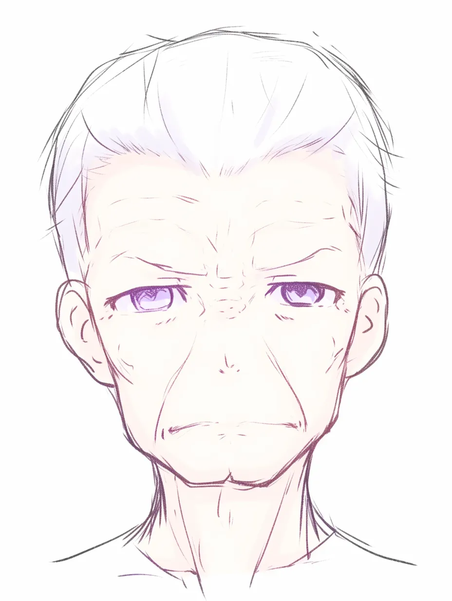 怒った顔の老人｜【基本構造】深い皺と落ち窪んだ目元を描き方に取り込み、真正面の対称的な構図で年齢感と重厚さを出しています。<br>【演出の方向性】口角を下げ、瞼に力を込めることで老成した怒りを表現し、重みのある迫力を観る側に伝えます。<br>