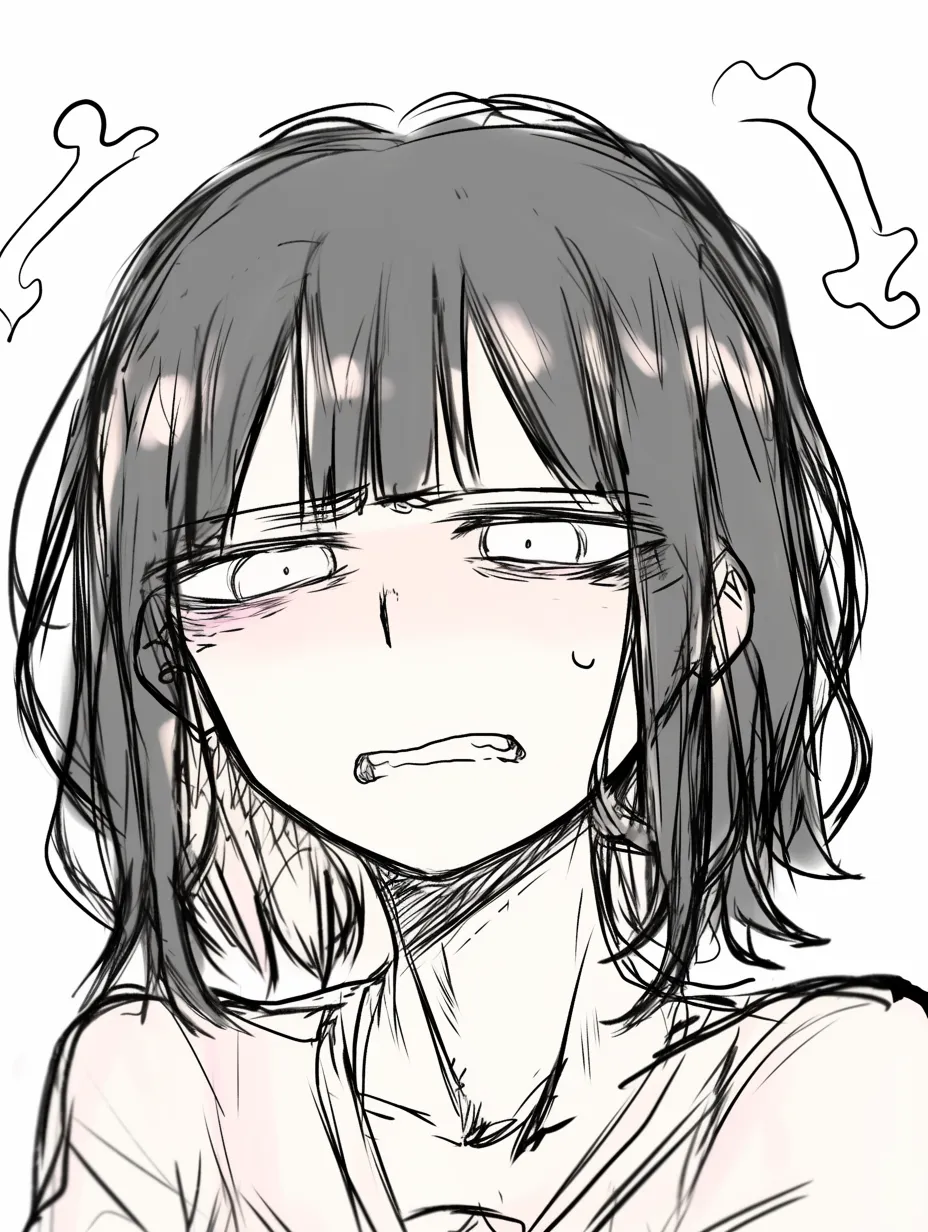 怒った顔の呆然｜【基本構造】半開きの口と力の抜けた瞳を描き方に組み込み、正面からの姿勢で緊張を薄めています。<br>【演出の方向性】口元の歪みと瞳の揺れを強調することで、怒りと困惑が混ざった曖昧な感情を観る人に伝えます。<br>
