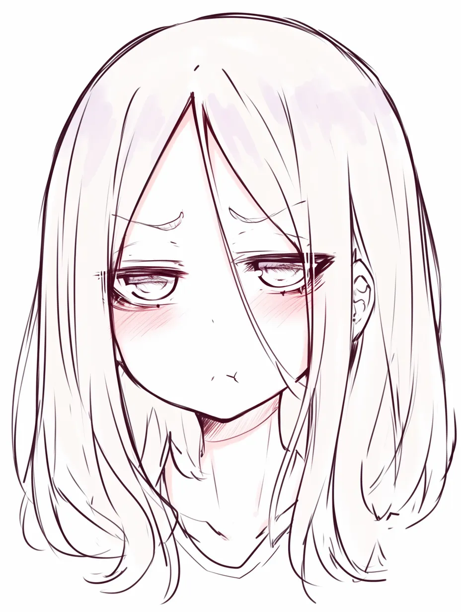 かわいい怒った顔の拗ね顔｜【基本構造】下に垂れた眉と口を尖らせる描き方で、真正面に近い安定した構図を形成しています。<br>【演出の方向性】赤みを広く入れ、まぶたを半開きにすることでふてくされたような可愛い怒りを描き出しています。<br>