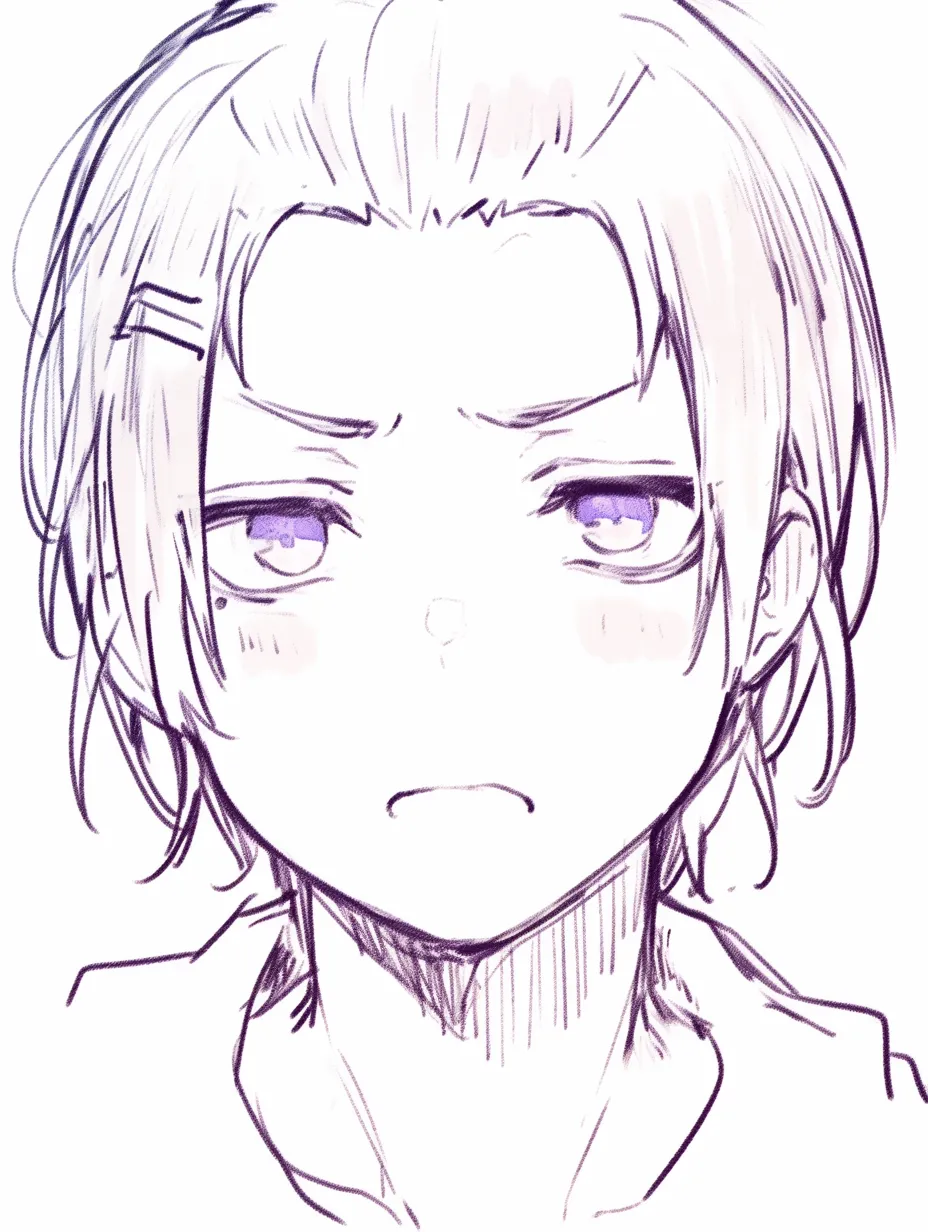 かわいい怒った顔の少年｜【基本構造】短めの髪とやや低い眉位置を描き方に組み込み、口元をきゅっと結んだ構図です。<br>【演出の方向性】目尻の力と口角の下げ方を工夫することで、子供らしい不器用な怒りを可愛らしく強調しています。<br>