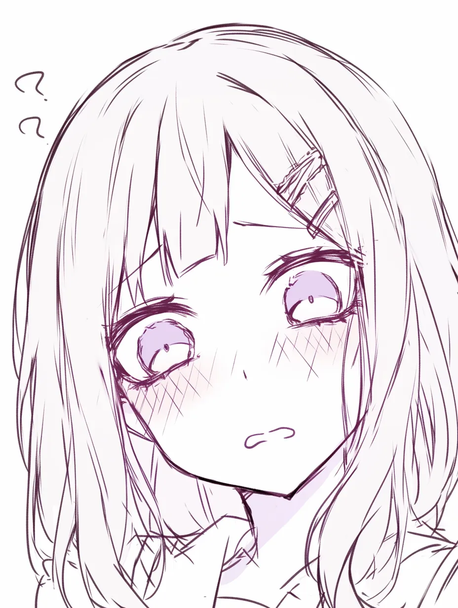 びっくり顔の困惑｜【基本構造】首をかしげ、眉を下げた描き方で視線が泳ぎ、口元は半開きで戸惑いを表現しています。<br>【演出の方向性】赤らんだ頬と小さな口形で驚きに混ざる恥じらいを演出し、柔らかな印象を与えています。<br>