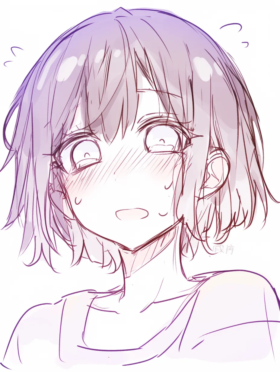 びっくり顔の汗｜【基本構造】正面からの描き方で、瞳を大きく見開き、口を小さく開けて動揺を強調しています。<br>【演出の方向性】汗の滴や頬の赤みを添えて、驚きと焦りが同居する軽いパニック感を表しています。<br>