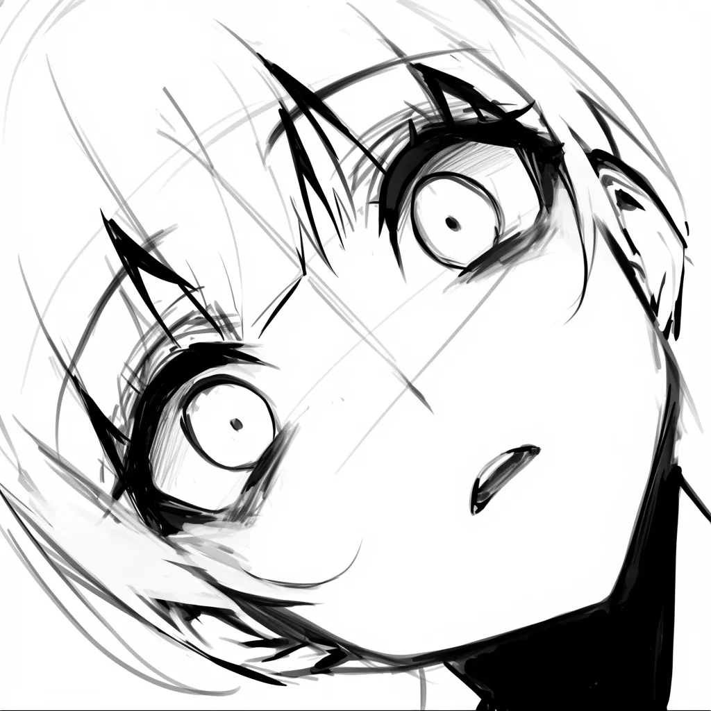 びっくり顔の虚脱｜【基本構造】上目遣いで顎を下げた描き方により、力の抜けた驚きを演出しています。<br>【演出の方向性】瞳の黒を強調し、光を失ったような表現で驚愕と絶望が重なる印象を観る者に残します。<br>