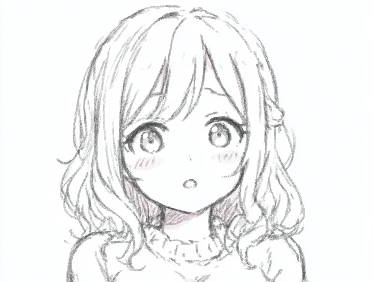 かわいいびっくり顔の素直さ｜【基本構造】正面からの描き方で、瞳を丸く大きく開き、口を小さく開けて無防備さを強調しています。<br>【演出の方向性】柔らかい髪の流れと淡い赤みを頬に添え、幼さや純粋な驚きを可愛らしく演出しています。<br>
