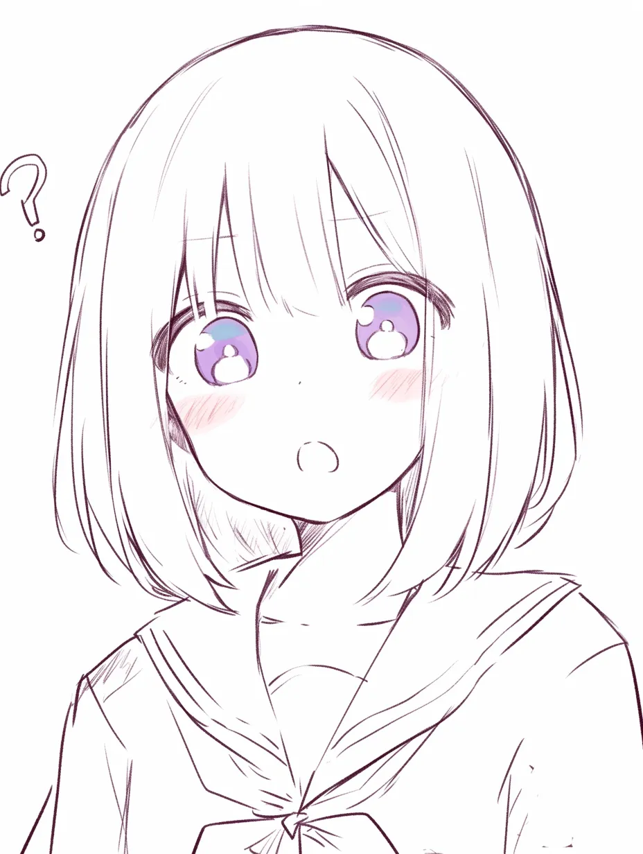 かわいいびっくり顔の疑問｜【基本構造】首を軽く傾け、目を大きく丸くした描き方で、視線が宙に浮くように配置されています。<br>【演出の方向性】横の「？」の記号で驚きと疑問を同時に示し、知的好奇心に基づくかわいらしさを強調しています。<br>