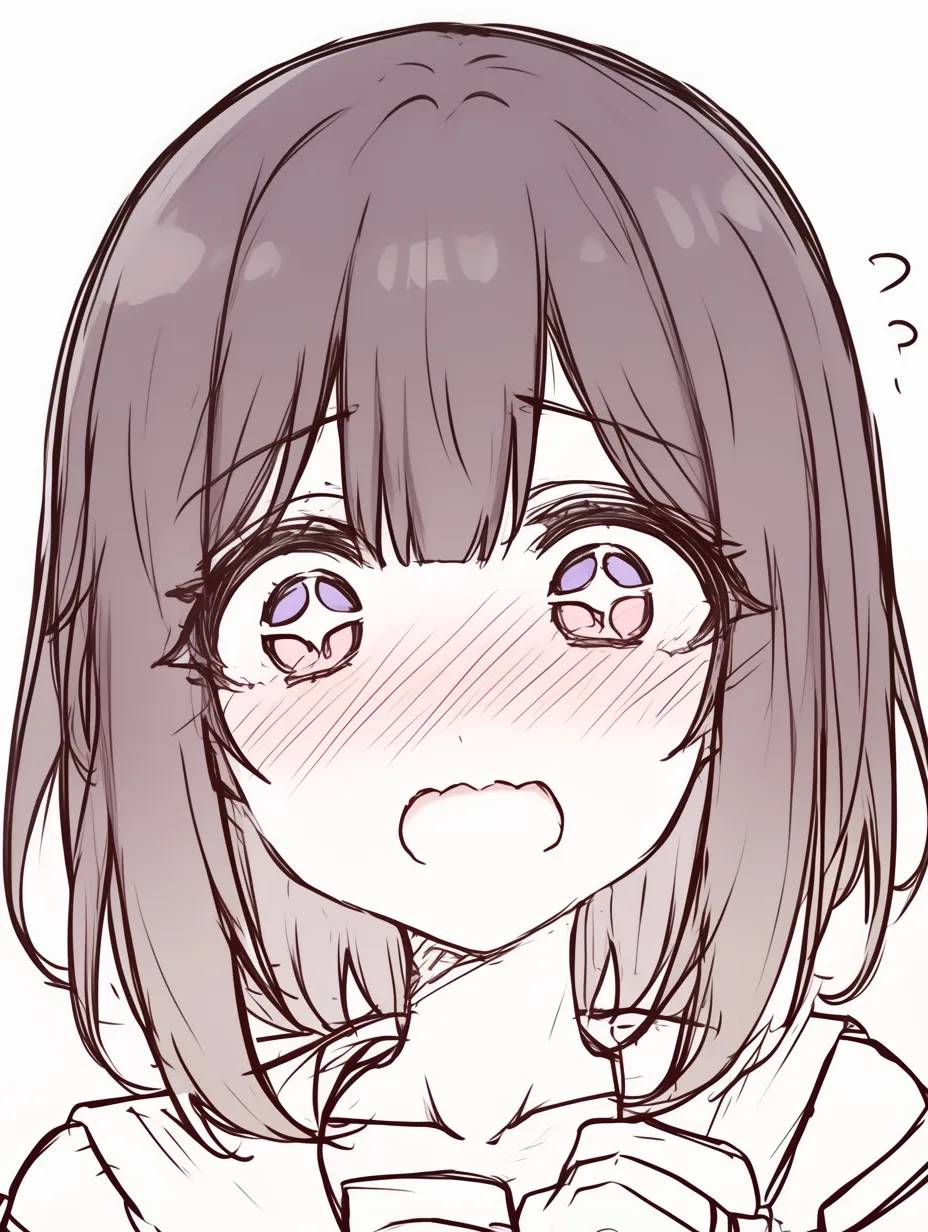 かわいいびっくり顔の困惑｜【基本構造】やや下向きで眉を寄せ、涙ぐんだ大きな瞳と口を開けた描き方をしています。両手を胸元に添えて動揺を表現しています。<br>【演出の方向性】頬全体に広がる赤みと潤んだ瞳が、驚きの中に羞恥や戸惑いを含ませ、かわいらしい不器用さを演出しています。<br>