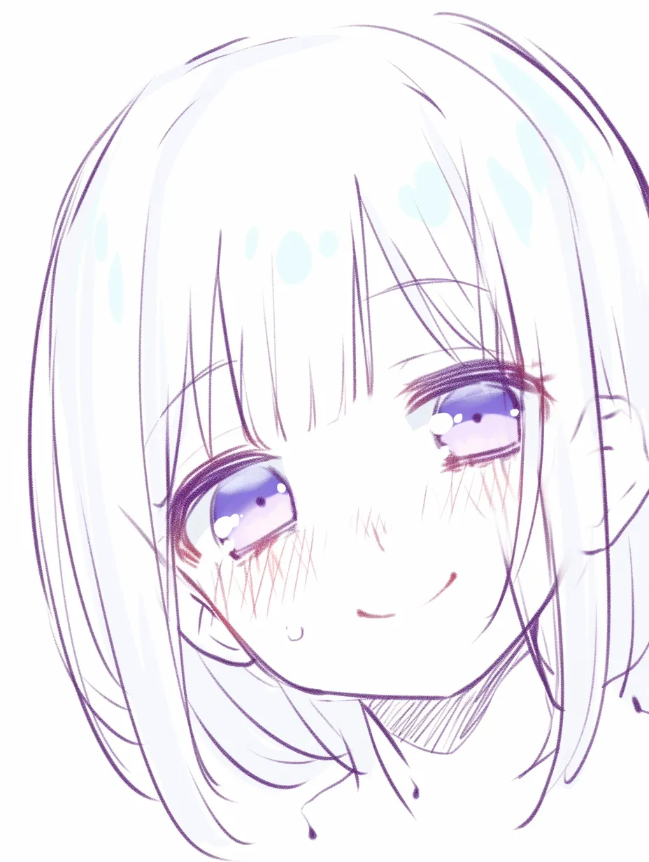 困り顔の引きつり笑い｜【基本構造】目尻を下げ、口を横に引いた描き方で、作り笑いを浮かべています。<br>【演出の方向性】赤面と冷や汗で、内心の困惑を隠しきれないぎこちなさを表しています。<br>
