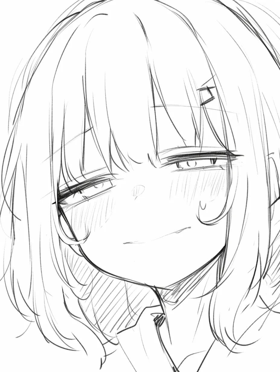 困り顔の照れ笑い｜【基本構造】視線を下げ、口を歪める描き方で困ったような笑みを見せています。<br>【演出の方向性】頬の赤みを広げることで、困惑しつつも可愛らしさを保つ雰囲気を演出しています。<br>