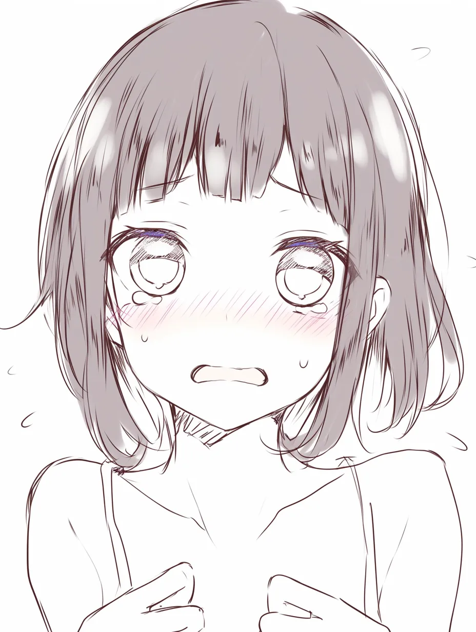 恥ずかしい顔の戸惑い｜【基本構造】大きく開いた瞳と小さく開いた口を描き方に取り入れ、両手を胸元に寄せる仕草で身体の縮こまりを強調しています。<br>【演出の方向性】頬の赤みと小汗が羞恥心を直感的に伝え、頼りなさや幼さが際立ちます。驚きと混ざった恥じらいのニュアンスが出ています。<br>
