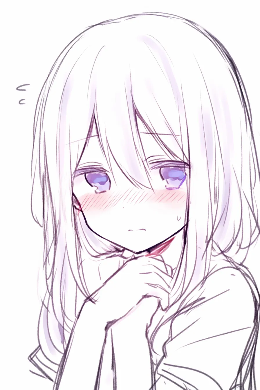 恥ずかしい顔のもじもじ｜【基本構造】頬杖に近い手の配置と、伏し目がちの描き方で体をやや前に傾けています。<br>【演出の方向性】弱々しい視線と小さな口元が控えめな羞恥を演出し、親しみやすさと初々しさを漂わせます。静かな照れ隠しの仕草です。<br>