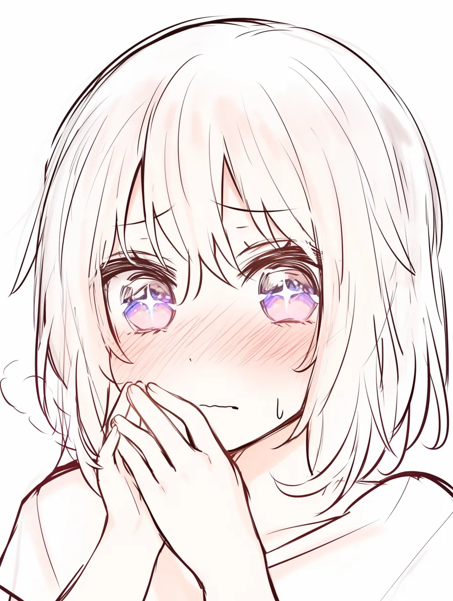赤面の戸惑い｜【基本構造】手を口元に添え、視線を揺らすような描き方で不安定さを強調しています。眉は寄せ気味で緊張感を出しています。<br>【演出の方向性】瞳の輝きと赤みが羞恥の高まりを表現し、内心の戸惑いや憧れが入り混じった雰囲気を漂わせています。<br>