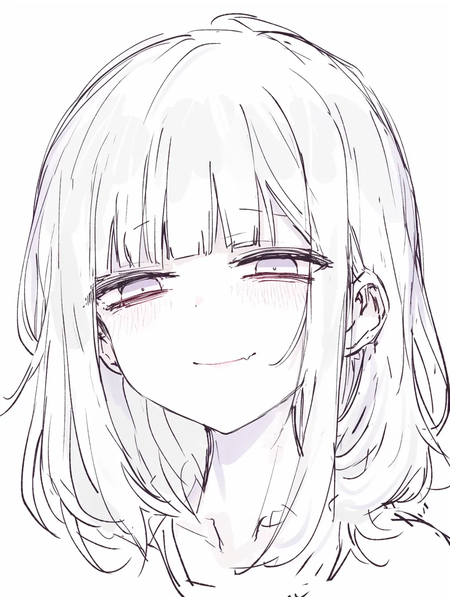 かわいいドヤ顔の微笑み｜【基本構造】目を細めつつ口角を上げる描き方で、丸みを帯びた頬と柔らかな髪型を強調しています。<br>【演出の方向性】微笑みと赤面が混じり、得意げながらも愛嬌を残す仕上がりです。自信と可愛らしさを同時に伝えます。<br>