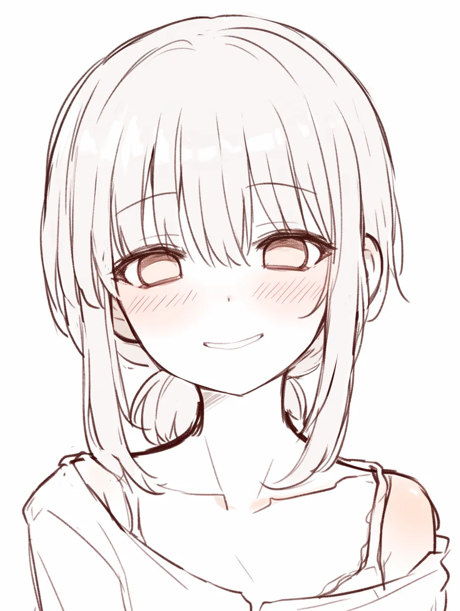 かわいいドヤ顔の照れ笑い｜【基本構造】首を傾け、伏し目気味に描き方を整え、頬を濃く赤らめた構図です。<br>【演出の方向性】強気さを残しながらも照れを含んだ笑みとなり、自信と羞恥が同居する表現になっています。親近感を伴った可愛いドヤ顔です。<br>