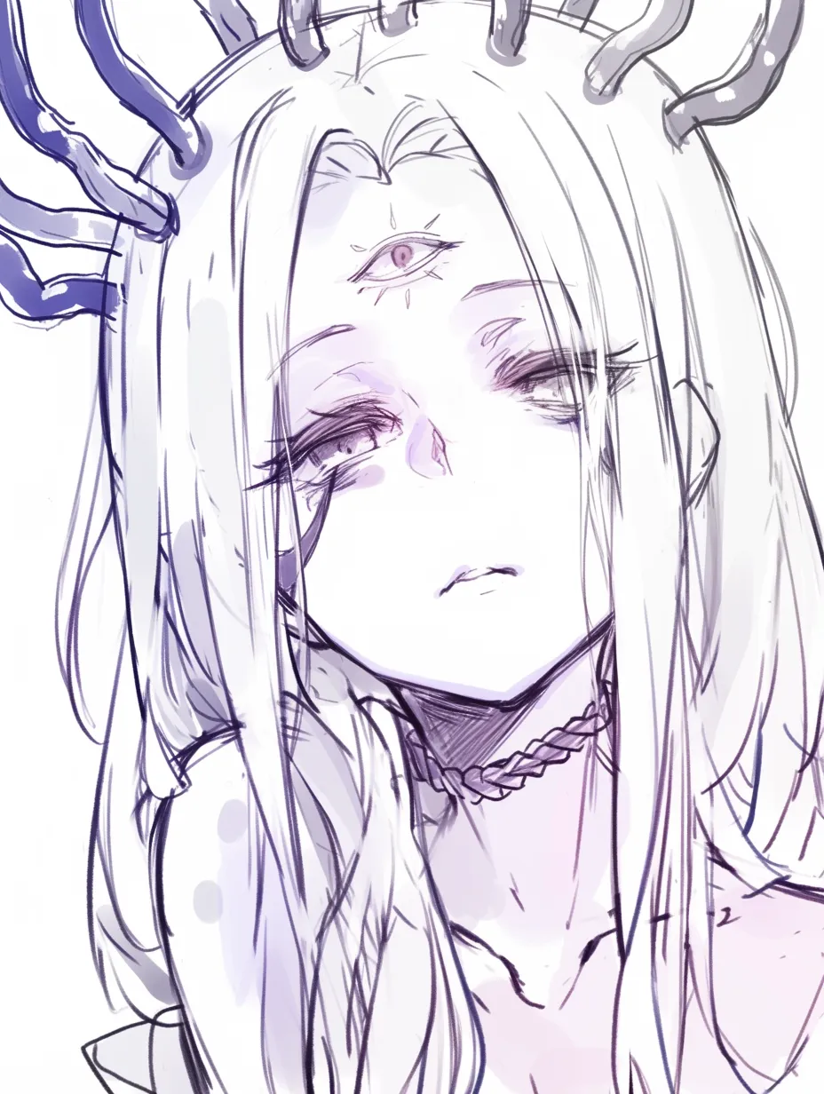 悪い顔の妖気｜【基本構造】三つ目を持つ頭部を描き方に取り入れ、やや前屈みの骨格で首元の装飾を強調し、眼差しは半開きに沈めています。<br>【演出の方向性】光を失った瞳と淡い影を重ねることで神秘性と不吉さを際立たせ、存在自体が異質で恐怖を呼び込む悪しき美を演出します。<br>