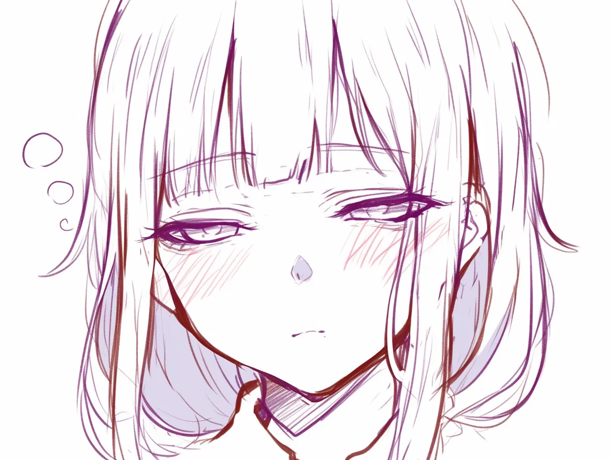 眠そうな顔のうつろな視線｜【基本構造】正面気味の顔を描き方に取り入れ、半開きの瞼と力の抜けた口元を組み合わせています。<br>【演出の方向性】赤みを帯びた頬と細い線で瞳を弱々しく描き、眠気の中に儚げな印象を与えています。<br>