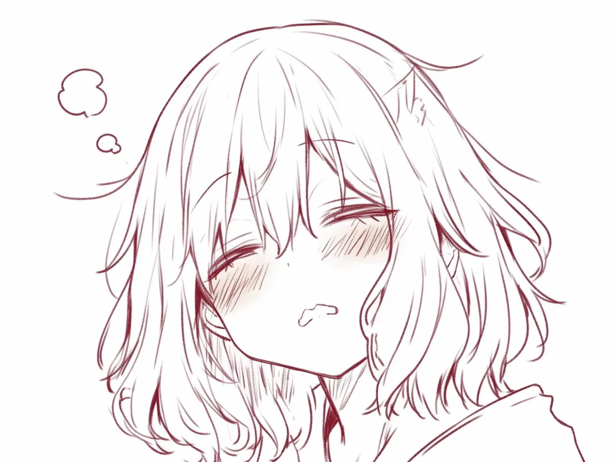 眠そうな顔のあくび前｜【基本構造】髪を乱れ気味に広げ、目を閉じかけて口を少し開く描き方で、上半身をやや前傾に構えています。<br>【演出の方向性】大きな赤面と口元の緩みであくびの直前を演出し、無防備で幼さの残る愛嬌を生んでいます。<br>