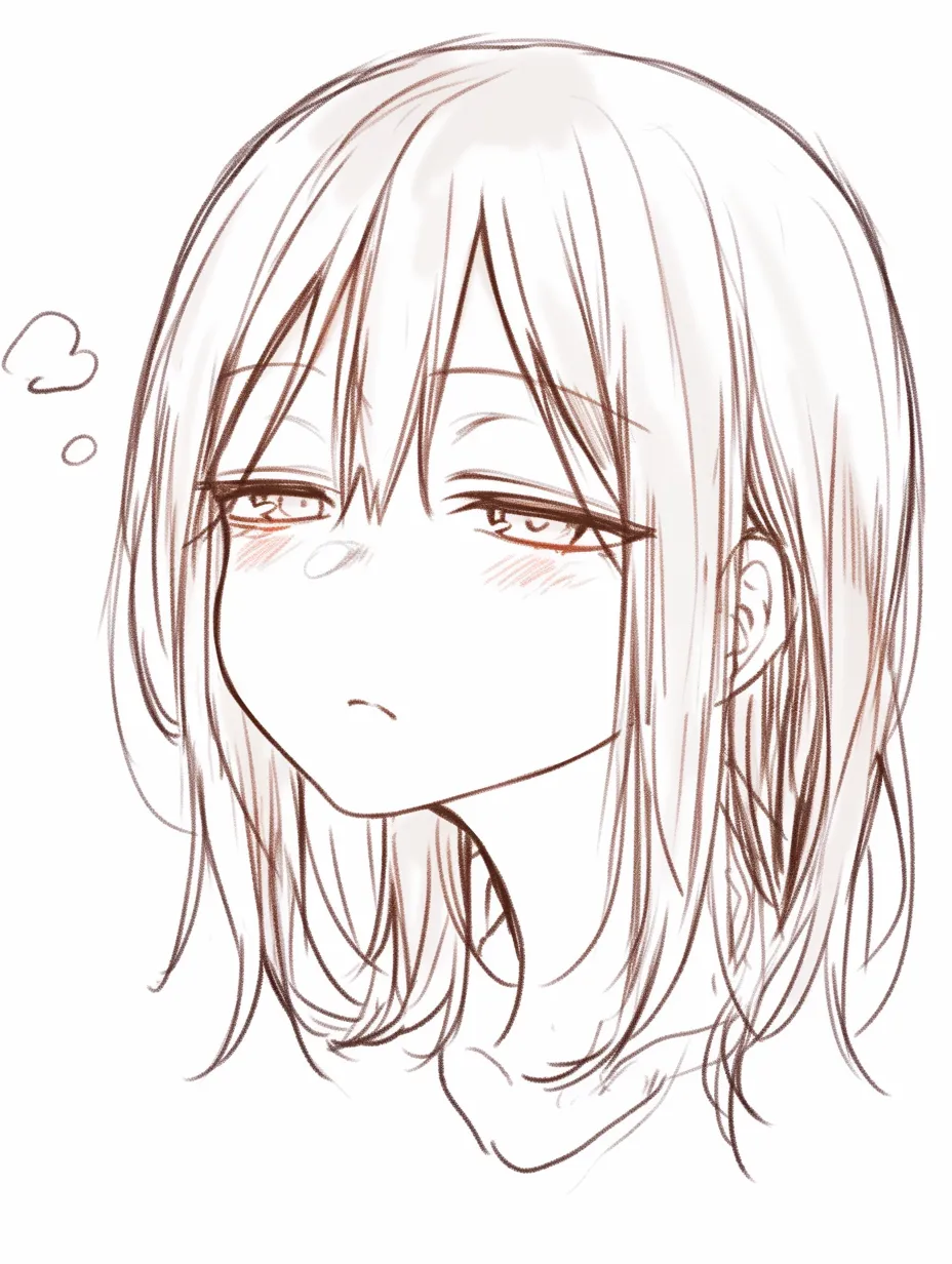 眠そうな顔の虚脱感｜【基本構造】首を少し傾け、半開きの目とゆるんだ口を描き方に組み込み、細長い髪を重ねています。<br>【演出の方向性】視線を宙に漂わせることで現実感の薄さを演出し、眠気の中に漂う無気力な印象を与えています。<br>