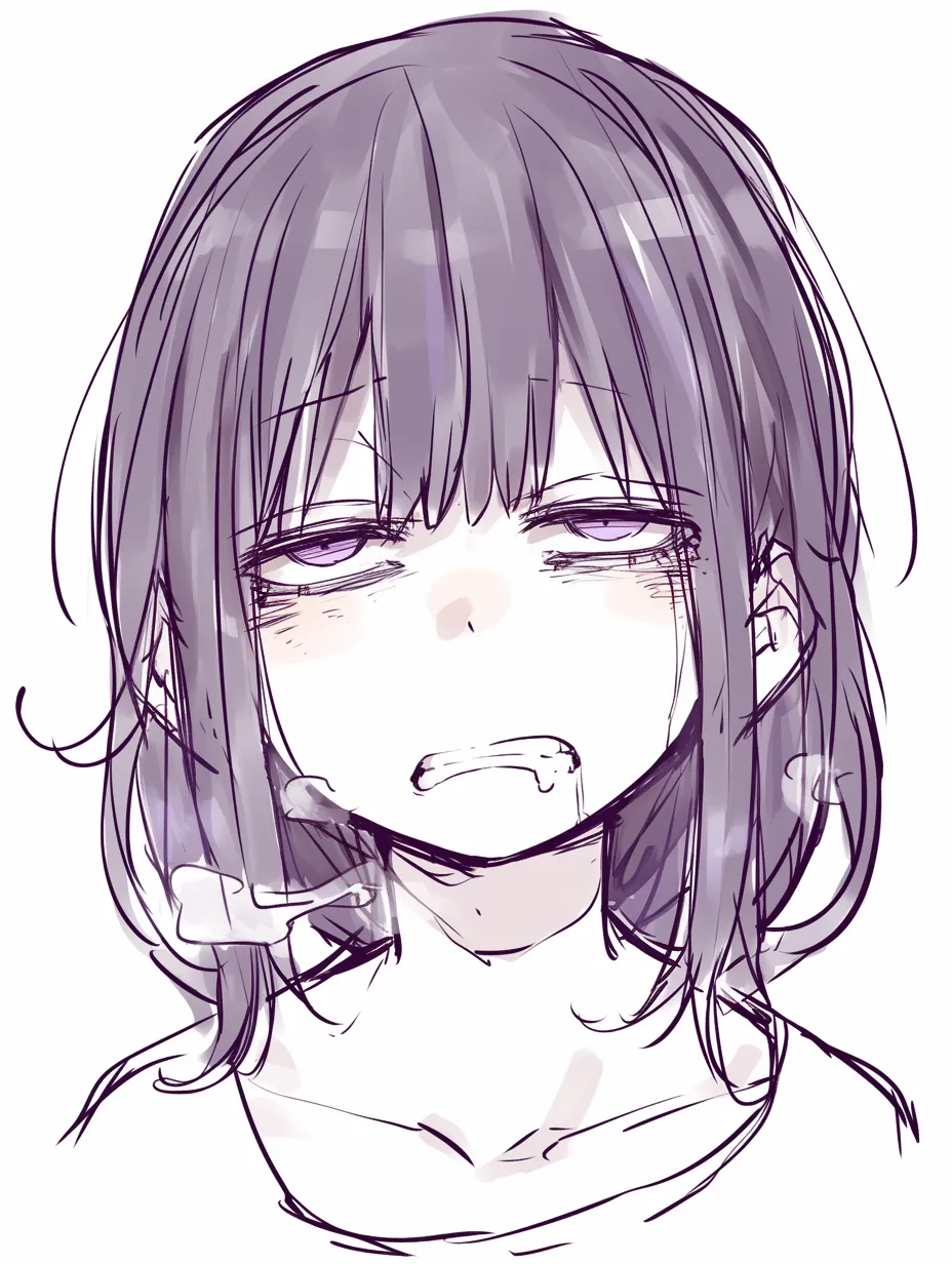 眠そうな顔の脱力｜【基本構造】顔を正面に向け、髪を覆うように乱した描き方で、口をだらしなく開けた姿を強調しています。<br>【演出の方向性】口から垂れる唾液と半端な視線により、眠気と疲労の生々しさを表現し、より人間味のあるだらけた印象を与えます。<br>