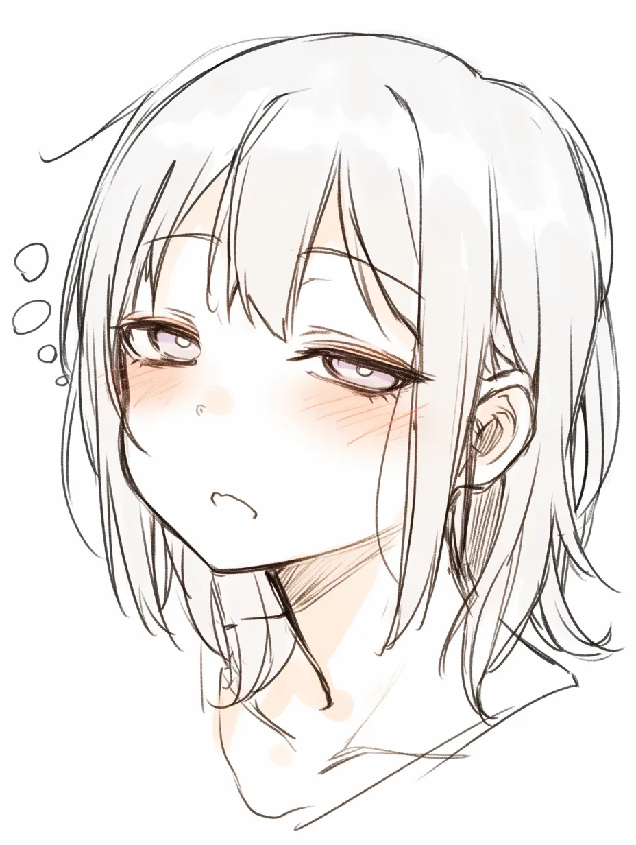 眠そうな顔の半眼｜【基本構造】首を少し後ろに傾け、髪を流れるように描き方に組み込み、片目を半開きに据えています。<br>【演出の方向性】頬の赤みと細めの瞳でけだるさを強調し、気の抜けた魅力として眠気を表現しています。<br>