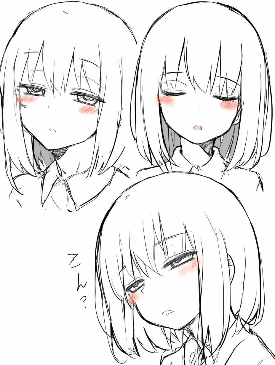 眠そうな顔の三連表情｜【基本構造】同一キャラクターを三方向から描き方で並べ、目の開閉や口の形を少しずつ変化させています。<br>【演出の方向性】連続した眠そうな顔の変化を示し、目が閉じる過程で段階的に眠気が深まる印象を与えています。<br>