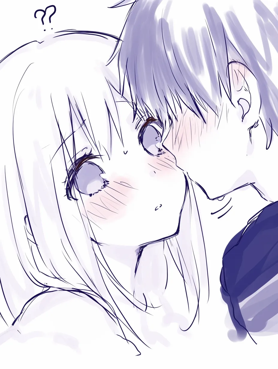 キス顔の困惑｜【基本構造】斜め上から迫られる構図で、首をやや反らし気味に描き方を整えています。目は大きく開かれ、唇は少しすぼめられています。<br>【演出の方向性】「？」の記号が添えられ、予想外の行動に対する混乱を表現。赤面と瞳の丸さが驚きと戸惑いを同時に強調します。<br>