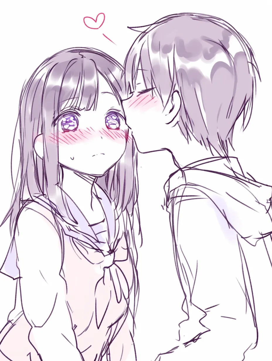 キス顔のおでこ｜【基本構造】少女は正面を向いたまま、少し上目遣いの瞳と頬の赤みで描き方が整理されています。口元は閉じられ、力の抜けた輪郭です。<br>【演出の方向性】額に触れる優しいキスにより、恥ずかしさと幸福感が入り混じった印象を与えます。背景のハートが気持ちを象徴的に補強しています。<br>