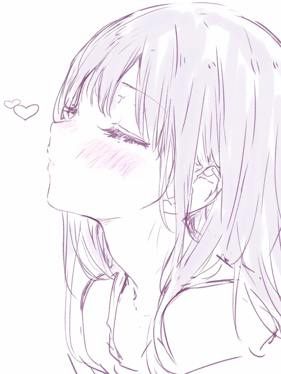 キス顔の横顔｜【基本構造】横向きのシルエットにして、首を少し前に突き出す描き方です。目を閉じて、唇を小さくすぼめています。<br>【演出の方向性】控えめで静かな表現ながらも、吐息のようなハートが添えられ、無防備で愛らしい雰囲気を強調しています。<br>