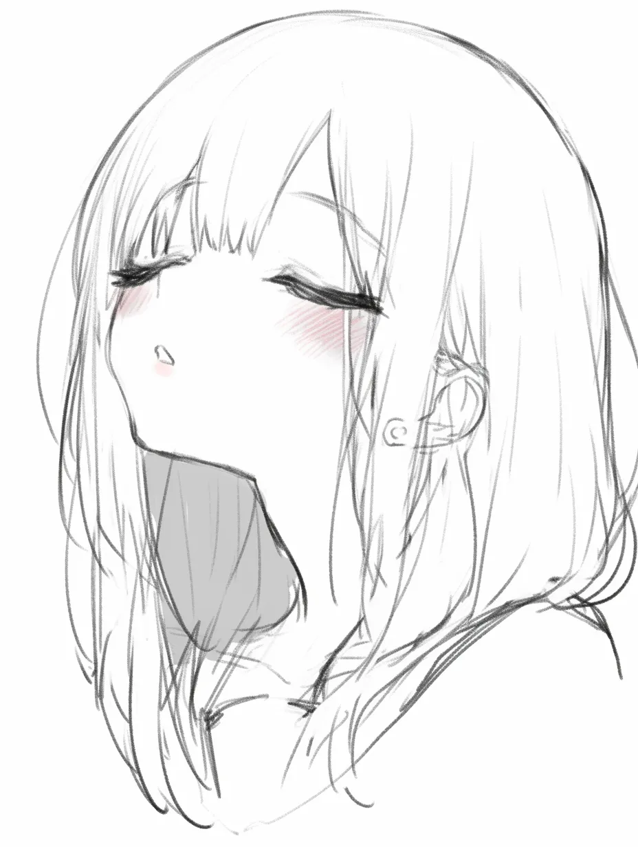 キス顔の夢見｜【基本構造】仰向けに近い角度で、閉じた瞳と口元を小さくすぼめる描き方です。髪がふわりと落ちるシルエットになっています。<br>【演出の方向性】眠っているようにも見える表情で、無意識の可愛らしさが強調され、守ってあげたくなる柔らかい雰囲気を醸しています。<br>