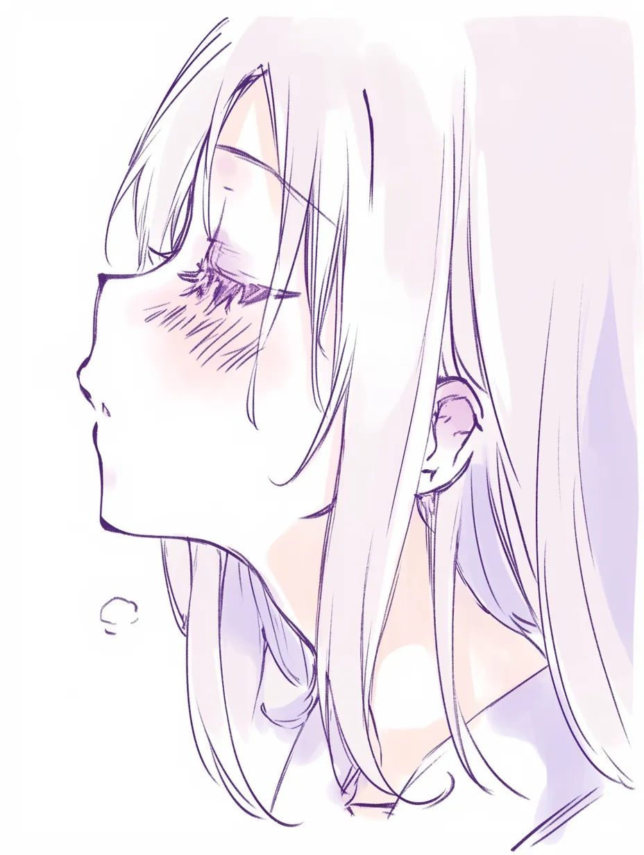 キス顔の素直｜【基本構造】横顔で目を閉じ、唇を尖らせる描き方です。首筋を長めに描き、髪が自然に流れるラインが強調されています。<br>【演出の方向性】頬を赤らめつつも自然体で受け入れる様子が描かれており、安心感と素直さがストレートに伝わる表現です。<br>