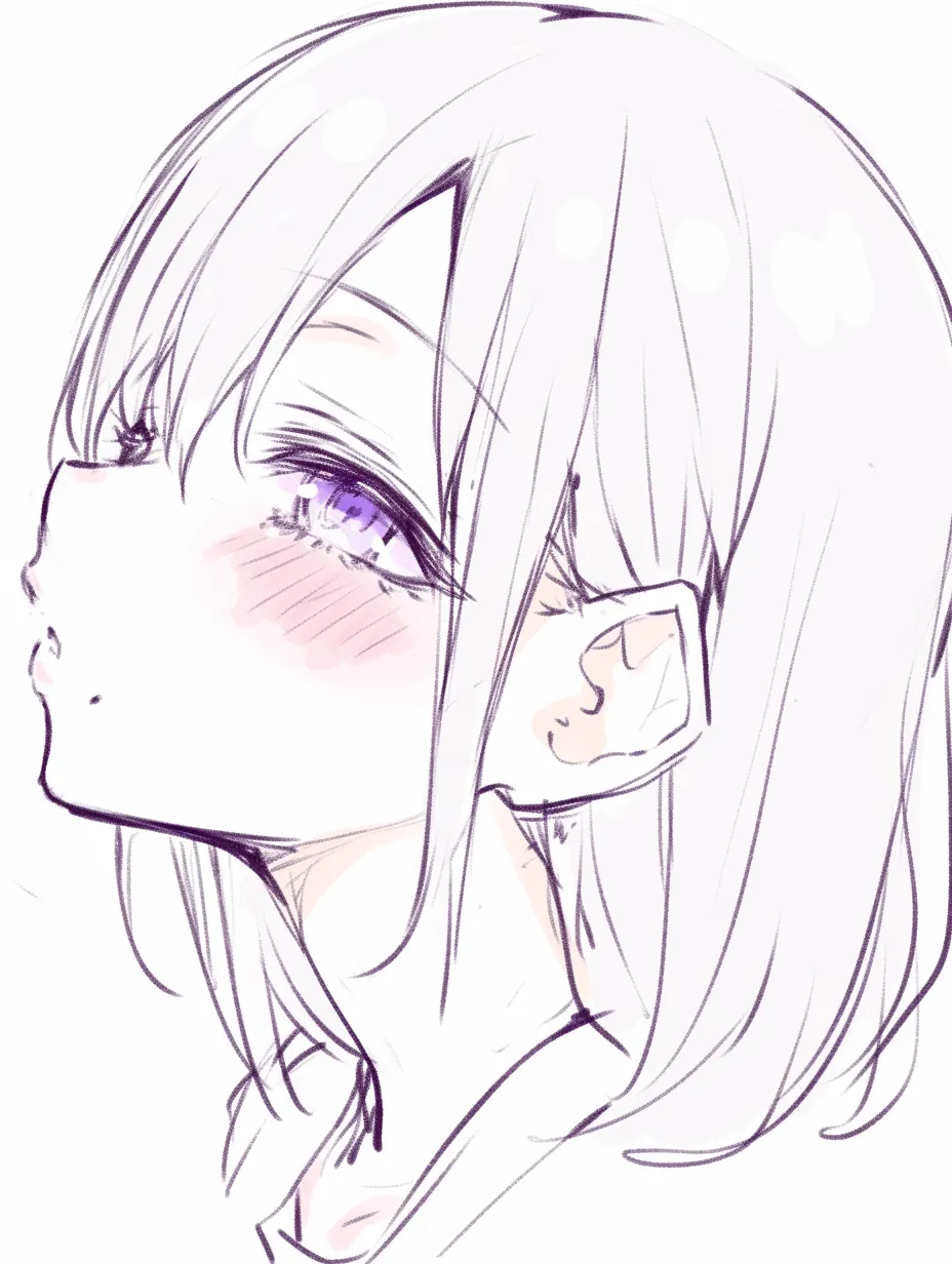 キス顔の上目遣い｜【基本構造】首を上げ、横顔を見せながら唇を小さく尖らせる描き方です。瞳は潤みを帯び、頬は赤く染められています。<br>【演出の方向性】控えめながらも相手を待つ仕草が甘さを漂わせ、恥じらいと期待感が共存する印象を与えています。<br>