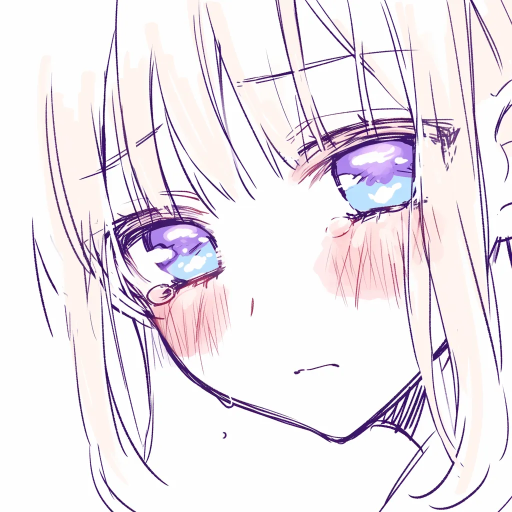目の塗り方の涙目｜【基本構造】正面に近い描き方で、丸みを帯びた目の形と頬の赤みを強調し、涙を滲ませる線を配置しています。<br>【演出の方向性】空のような反射を描き込み、光沢感を強めることで、瞳のうるみがより切実に見えます。赤みの広がりが感情の高ぶりを示しています。<br>