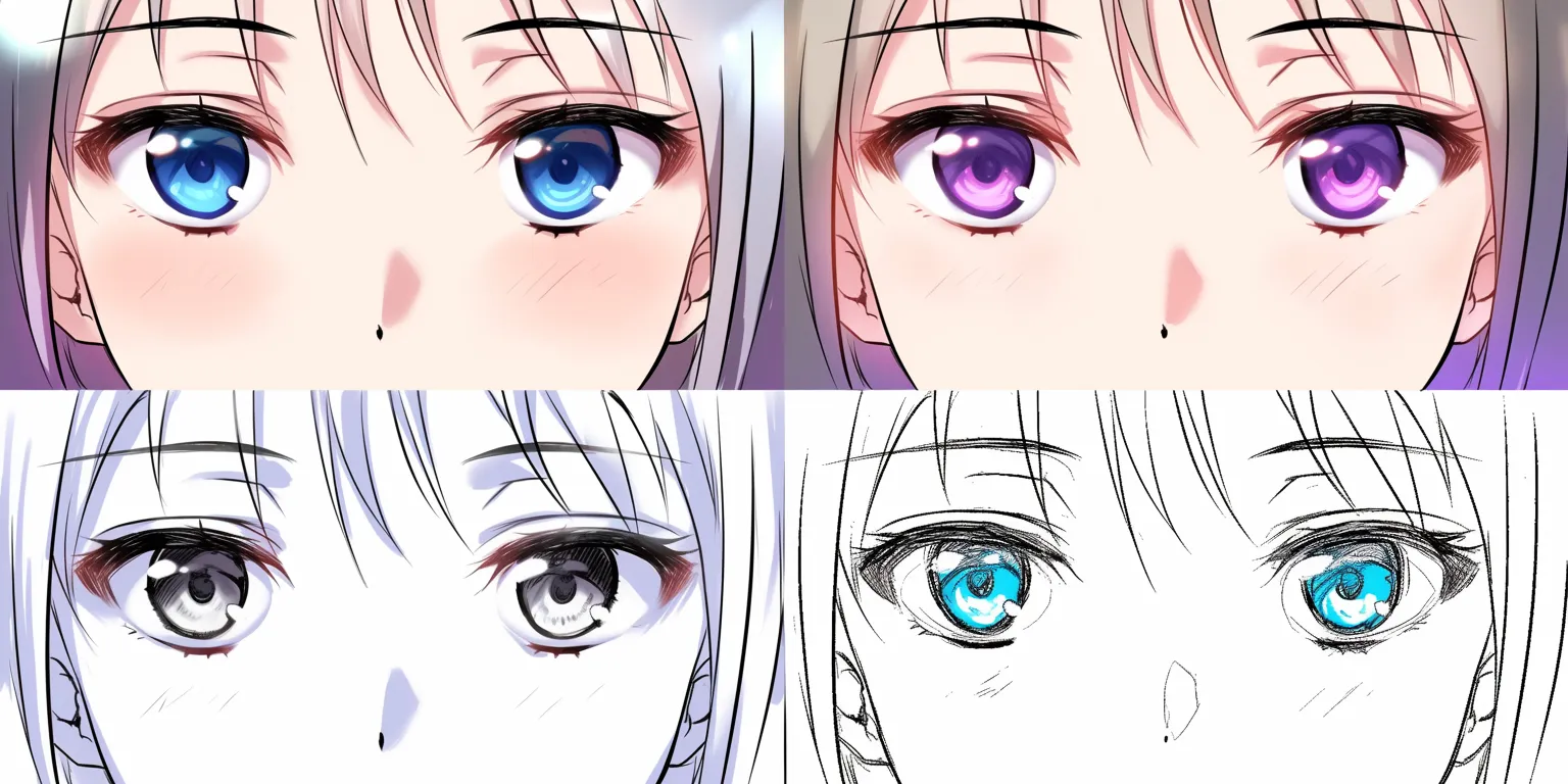 目の塗り方のバリエーション｜【基本構造】アップの描き方で目を左右対称に並べ、色彩や線画の違いを比較できる構図にしています。<br>【演出の方向性】青・紫・モノクロといった塗り分けが印象を大きく変え、鮮烈な光沢から淡い儚さまで多様な表現が可能であることを示しています。<br>
