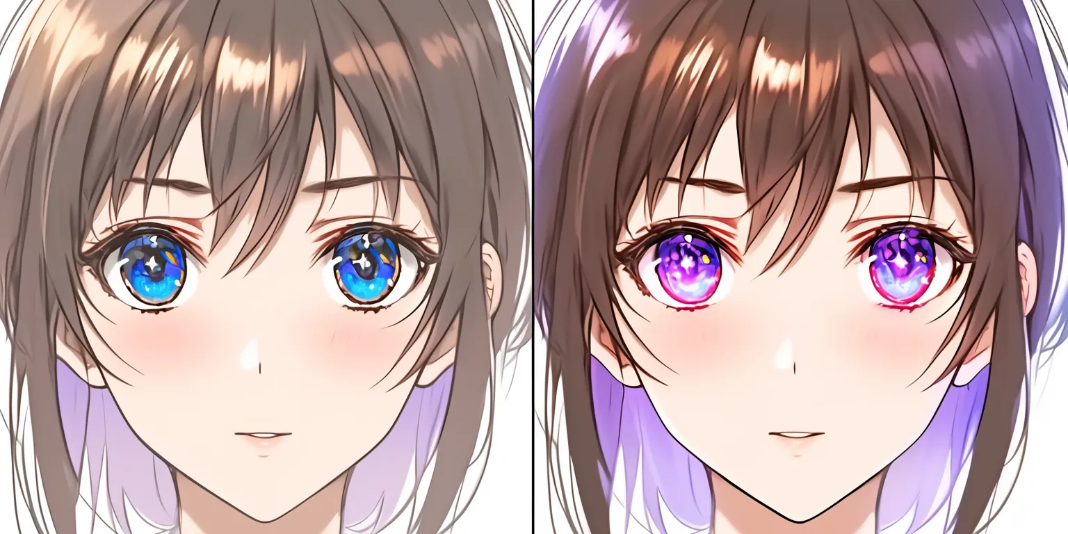 目の塗り方の二種類比較｜【基本構造】正面顔を二分割して描き方を比較し、瞳の形や髪の流れを統一して違いを際立たせています。<br>【演出の方向性】片方は深い青の澄んだ印象、もう片方は鮮やかな紫の幻想的な雰囲気を持ち、色彩だけで感情表現が変化する効果を伝えています。<br>
