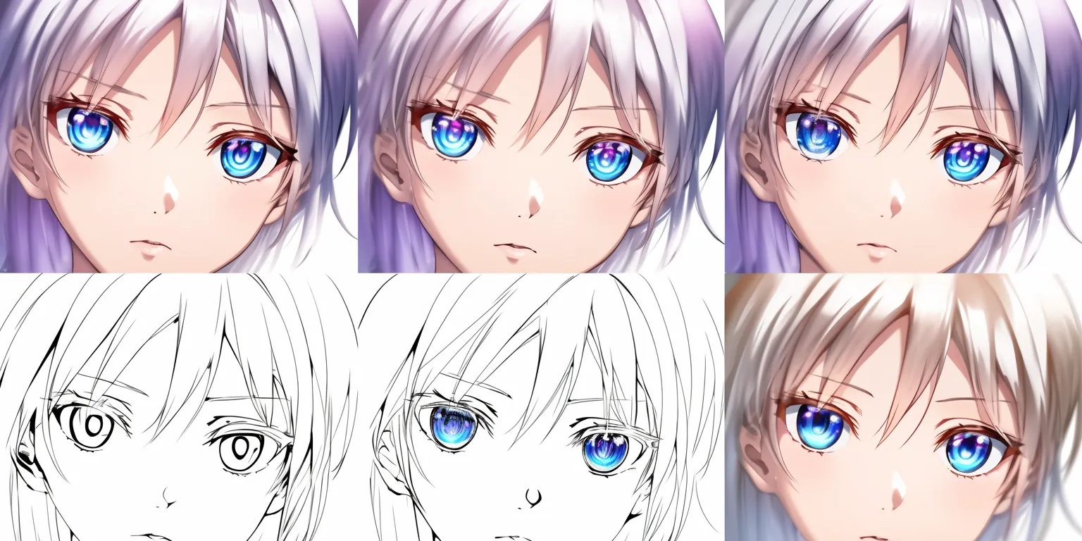 目の塗り方の段階比較｜【基本構造】塗り進めの工程を並列で描き方として見せ、ラフ線から完成までの目の変化を段階的に示しています。<br>【演出の方向性】途中の段階では硬質な印象が強く、彩色が進むにつれて柔らかさと深みが増し、完成時には瞳の輝きと感情が際立つ流れを伝えています。<br>