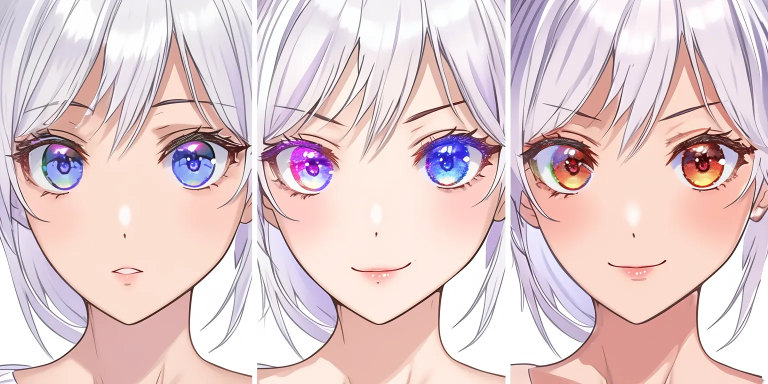 目の塗り方の色彩変化｜【基本構造】白髪のキャラクターを正面から描き、瞳の色彩を変化させた描き方で横並びに比較しています。<br>【演出の方向性】虹色や赤みを帯びた瞳は力強さを与え、青や紫は幻想的で澄んだ印象を与えるなど、色彩演出によって同じ表情でも感情の解釈が大きく変わります。<br>
