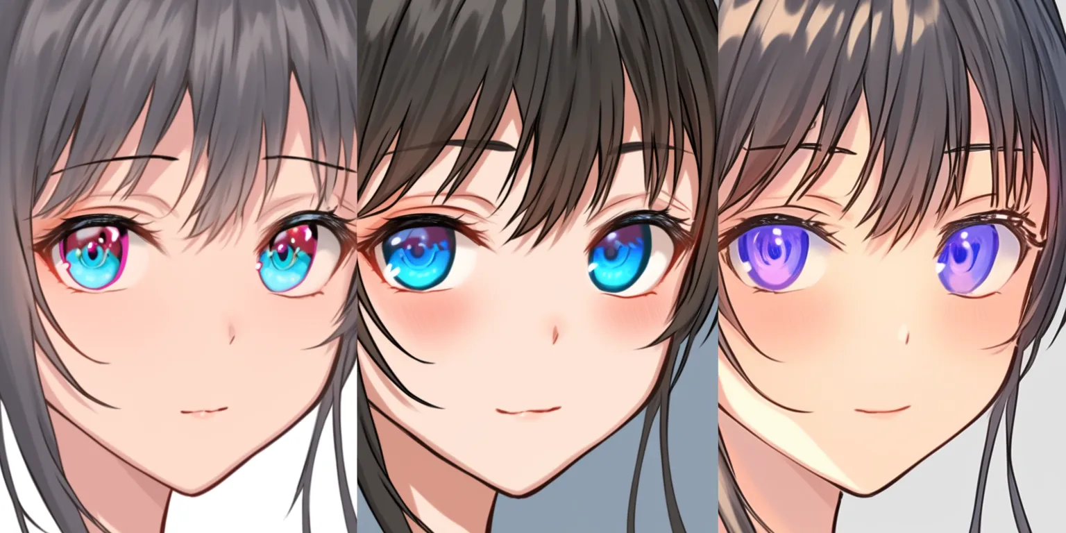 目の塗り方透明感の三種類比較｜【基本構造】正面顔を三分割し、同一キャラクターの描き方を基盤に瞳だけを異なる色彩で塗り分けています。<br>【演出の方向性】赤みを帯びた青は鮮烈な印象、濃青は澄んだ落ち着き、紫は柔らかな幻想性を強調し、透明感の中にもそれぞれ違う雰囲気が生まれています。<br>