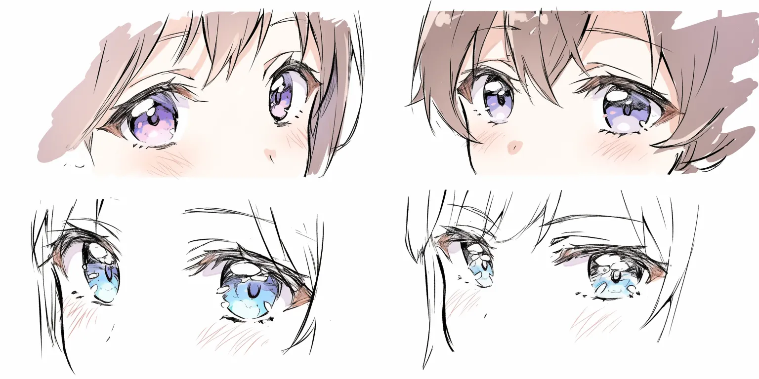 目の塗り方透明感の段階比較｜【基本構造】視線を斜めに振った描き方で、複数の瞳を上段と下段に並べ、塗りの工程を比較可能にしています。<br>【演出の方向性】未完成の淡い色から塗り込みの深い光沢まで変化し、仕上がりにつれて透明感が増幅することで、感情の強さも高まる表現になっています。<br>