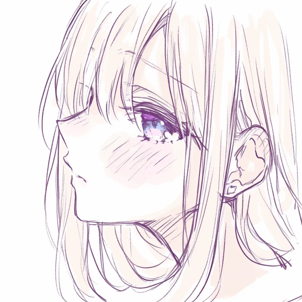 かわいい目の横顔｜【基本構造】横顔の描き方で頬に沿うラインを柔らかく取り、伏せ気味の瞳を長いまつ毛で縁取っています。<br>【演出の方向性】紫がかった瞳に淡い光を散らし、頬の赤みを添えることで、かわいらしさと儚さが同居する印象を与えています。<br>