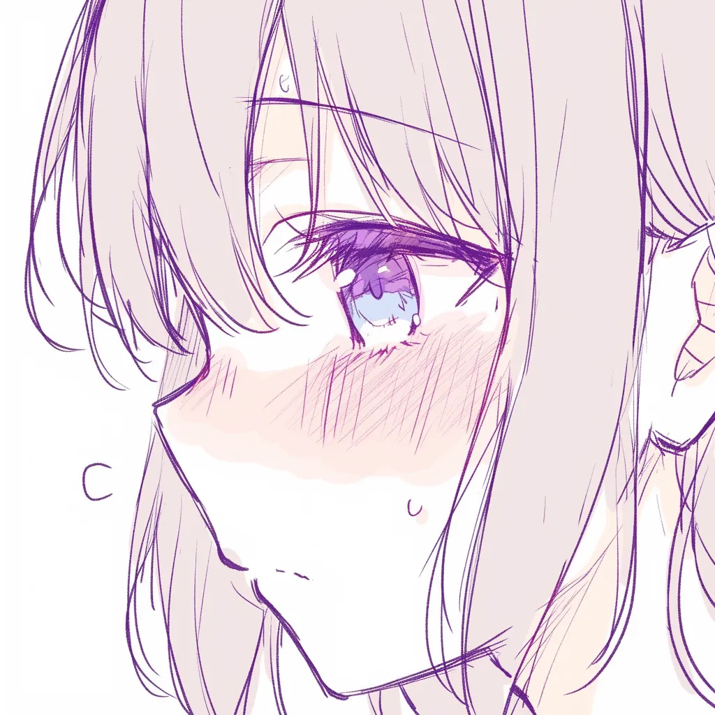 かわいい目の斜め視線｜【基本構造】顔をわずかに傾けて描き方を整え、視線を横に流すことで瞳のラインを強調しています。<br>【演出の方向性】頬の大きな赤みと、まぶたの半開きが組み合わさり、照れと戸惑いが同居するかわいらしい表現になっています。<br>