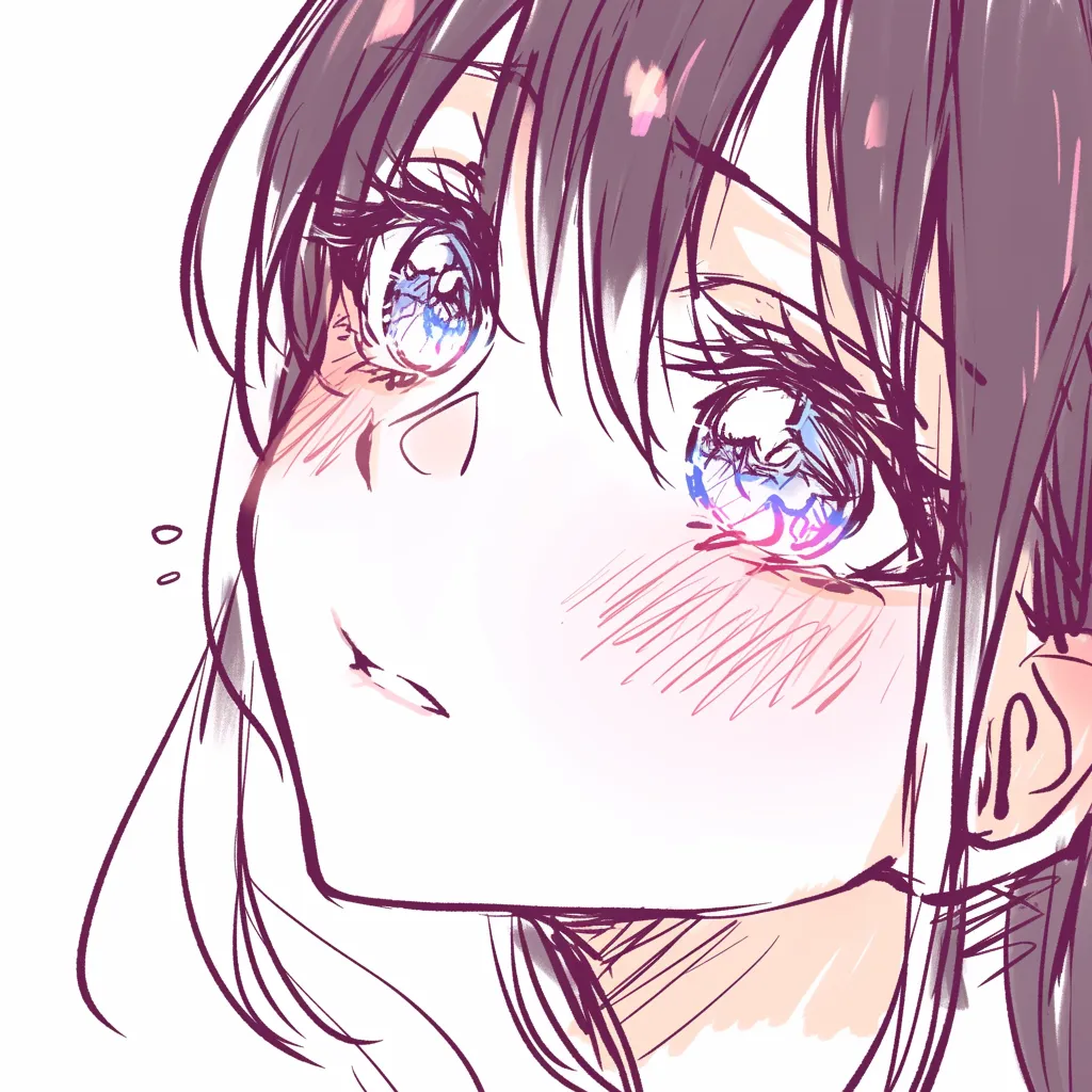 かわいい目の輝き｜【基本構造】正面に近い見上げ顔の描き方で、大きな瞳の中に複雑な反射を加えています。<br>【演出の方向性】水面のような青い輝きを瞳に映すことで、好奇心や無垢さを際立たせ、かわいい印象を強く押し出しています。<br>