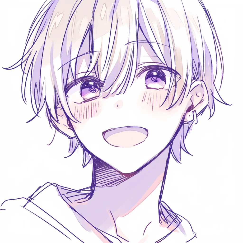 男の目の照れ笑い｜【基本構造】やや上向きの顔を描き方として取り入れ、耳飾りなどの小物で横顔のアクセントを加えています。瞳は軽く細められ、頬の赤みが広がっています。<br>【演出の方向性】目元と口元を大きく開いた笑顔で、屈託のない喜びと少しの照れを同時に表現しています。<br>