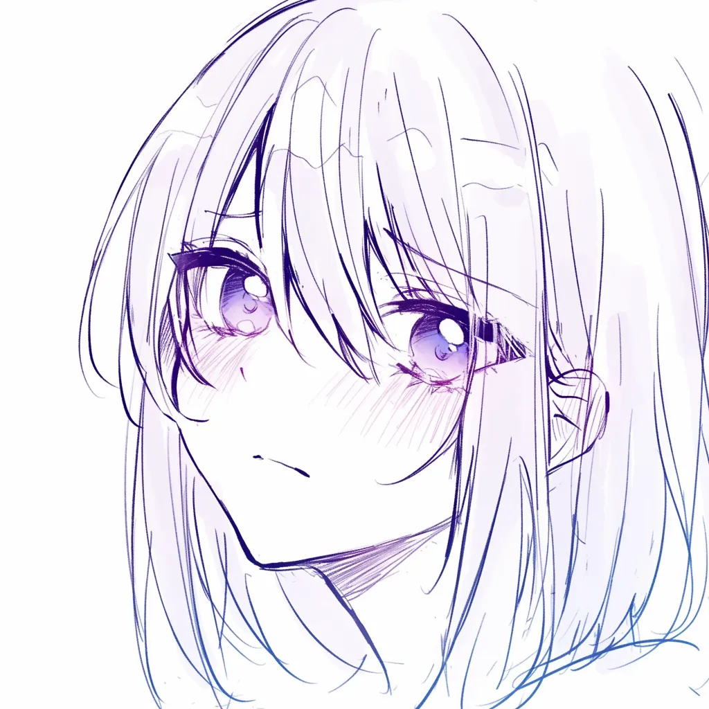 女の目の不安｜【基本構造】正面寄りの顔を描き方として取り入れ、眉をわずかに下げ、瞳を大きく開いています。前髪が目元にかかり、揺れを感じさせる線が特徴です。<br>【演出の方向性】瞳の光点を大きめに描くことで涙を誘うような印象を作り、不安や儚さを強調しています。<br>