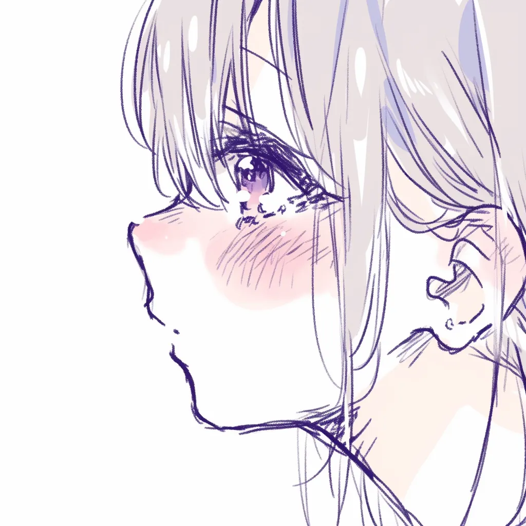 女の目の横顔｜【基本構造】真横の顔を描き方として整理し、鼻筋から顎までを直線的に構築しています。まつ毛を長く描き込み、瞳に奥行きを与えています。<br>【演出の方向性】頬の赤みと伏し目の組み合わせが、繊細で控えめな感情を引き出し、無言の思索を感じさせる表現です。<br>